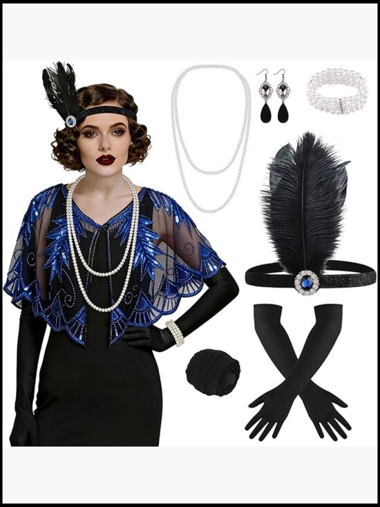 Roaring 20\'s Flapper Gatsby Accessories Set 10 Pieces Headpiece Shawl Gloves main image 5